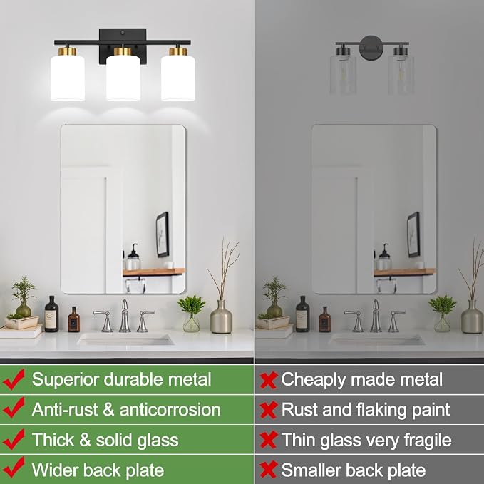 Black and Gold Bathroom Vanity Light Fixtures, 3-Light Modern Bathroom Wall Light with Frosted White Glass Shades, Vanity Light Over Mirror, E26 Base, Bathroom Lighting for Mirror (Bulbs Not Included)