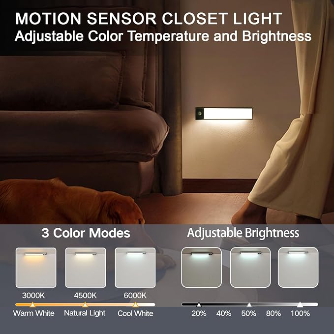 Under Cabinet Lighting, 3200mAh Motion Sensor Light, 3CCT, 2 Pack | 8 Inch USB-C Fast Charging, Battery Operated, 10s/20s Delay, 5-Level Dimmable, Magnetic for Kitchen & Closet, Indoor