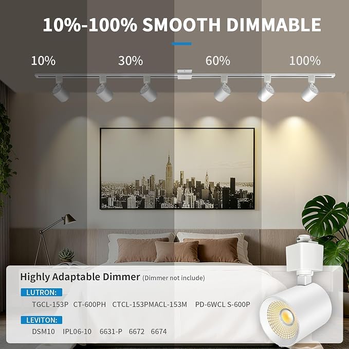 5-Color 6-Light LED Track Lighting Kit with 6.6FT H Type Track Lighting Rail, Dimmable Track Lights with Floating Canopy, Track Light Heads Ceiling Spotlight, CRI90+, 36° Beam 10W 800lm, White