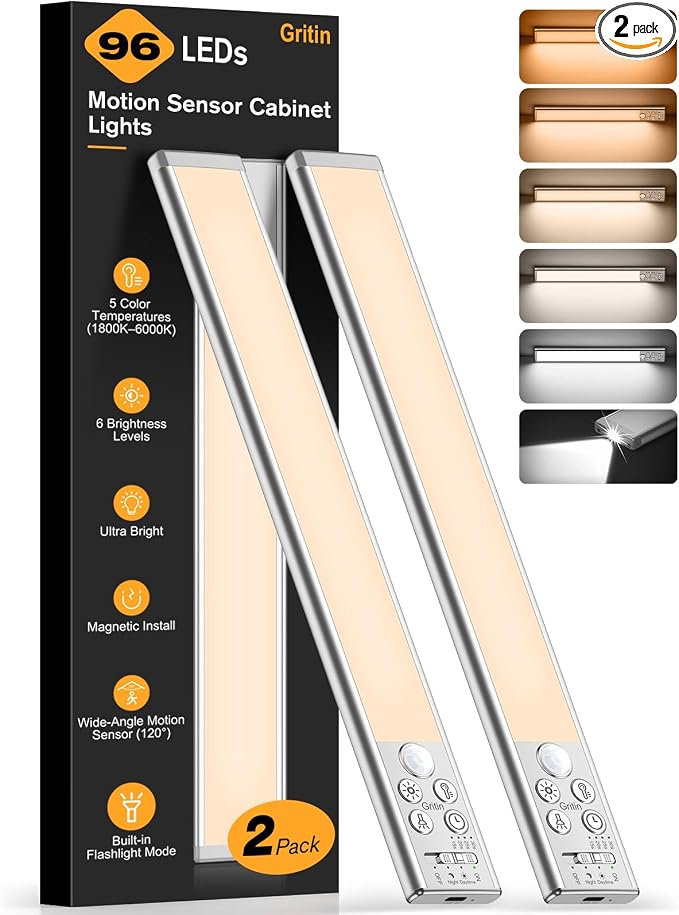 Gritin 2026 Gen 2 12.7inch Under Cabinet Lighting with Flashlight Mode | 5 Colors & 6 Brightness,Super Bright,4 Modes,Motion Sensor,Long Lasting,Easy Installation Magnetic Under Closet Lights-2 Pack