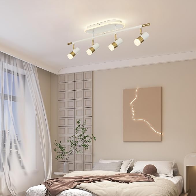 Jaycomey 4-Light LED Track Lighting Fixtures Ceiling, 41W Dimmable Track Light with Remote, 3000K-6500K Adjustable Ceiling Light Spotlights, 35 in White Gold Light Fixture for Kitchen Bedroom