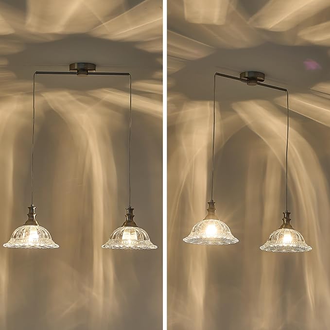 HDDFL 2 Light Pendant Light Fixtures Modern Glass Hanging Lights with Adjustable Cord for Kitchen Island Dining Room Living Room Hallway Brushed Nickel Metal