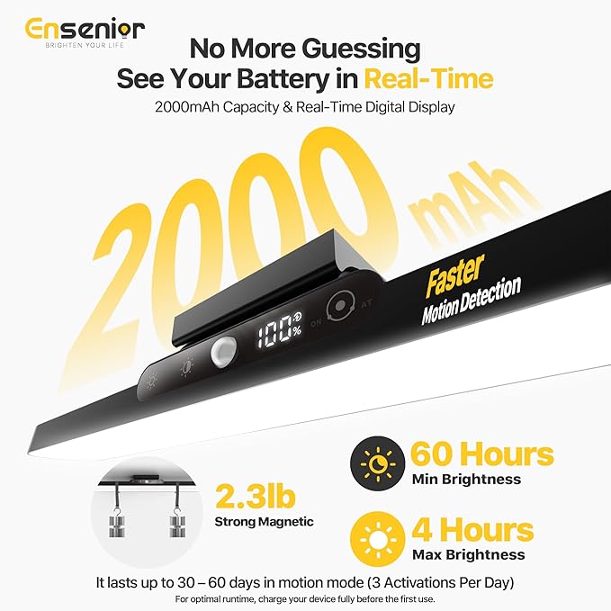 Ensenior 4W Motion Sensor Rechargeable Light Bar, Closet Lights | 2000mAh, Dimmable, Eye-Friendly, 3 Colors CRI85+, Battery Display, Wireless, Remote Control, Magnetic 130° Rotatable,Stick on