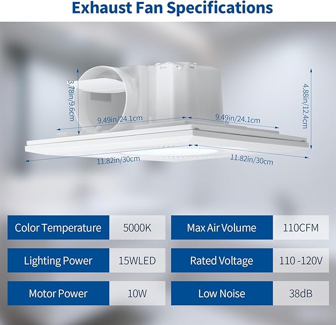 Bathroom Vent Fan with Light, Bathroom Exhaust Fan with LED Light Adjustable, Quiet 1.0 Sones Three Color Temperatures 2700k/4000k/5700k, 110 CFM,Ceiling Mount Ventilation for Home/Bath/Office