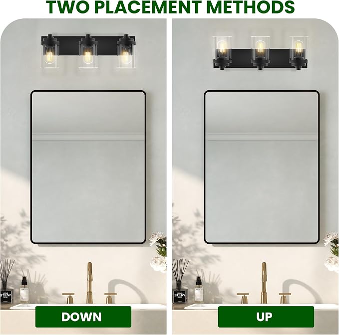 Bathroom Vanity Light, 3-Light Modern Black Vanity Light Fixtures with Clear Glass Shade, 22in Matte Black Bathroom Light Fixtures Over Mirror, Rustic Restroom Lighting Fixtures