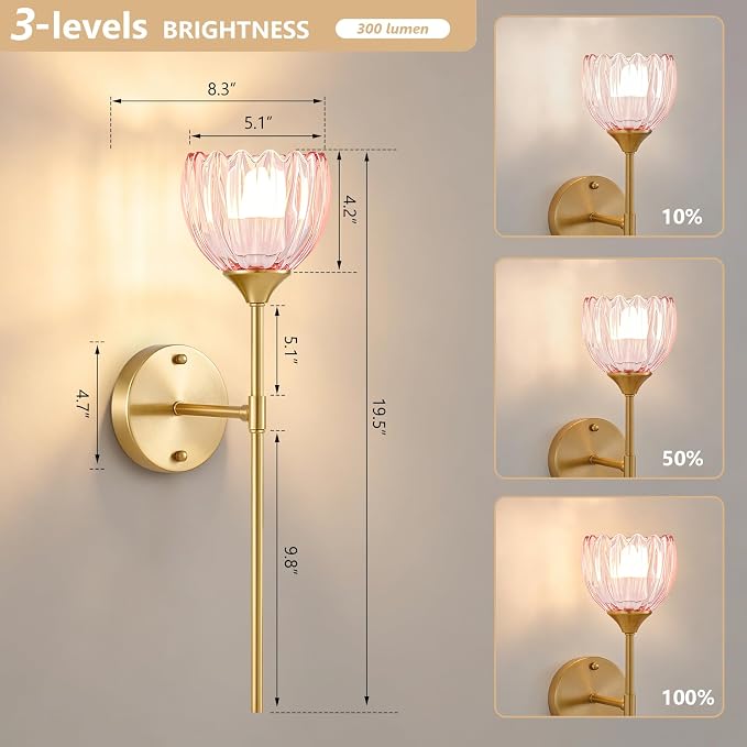 Vintage Battery Operated Wall Sconce Set of 2, Pink Tulip Glass Lampshade Wireless 5300 mAh Rechargeable Battery Powered LED Wall Light with Remote Dimmable for Bedroom Bathroom Living Room