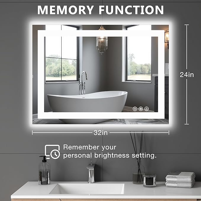 DUMOS 24"x32" Smart Anti-Fog LED Bathroom Mirror with Front Light & Backlit, 3 Color Temperatures, Dimmable, Memory Function, Rectangle Modern Vanity Mirror