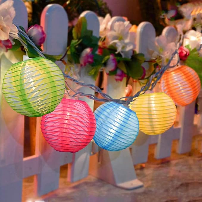 8.5Ft Multicolor Lantern String Lights, Summer Printed String Lights with 10 Colorful Light Bulbs, Nylon Lantern Lights for Patio Bedroom Window Garden Porch Party Decor, White Wire