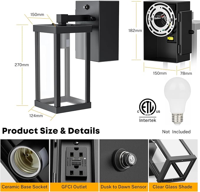 Porch Light with Outlet, Dusk to Dawn Outdoor Light with GFCI Outlet Porch Wall Sconce Waterproof Exterior Light Fixtures Outside for House Patio Garage Hallway