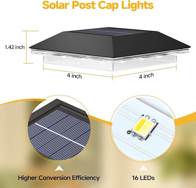 4 Pack 4x4 Solar Post Light, 3 Modes Wooden Vinyl Fence Cap, Black | 3 color temperatures, Waterproof LED Solar Post Lights, Patio Porch Decor, Only Fit Two True Size Post: 3.5''x3.5'', 4''x4''