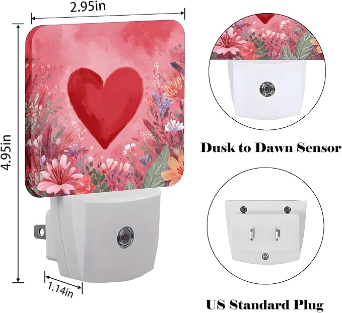 Red Love Hearts Night Light,Plug-in Nightlights Auto Sensor Night Lamp Dusk-to-Dawn Lamp Home Decor for Nursery Children Girls Boys