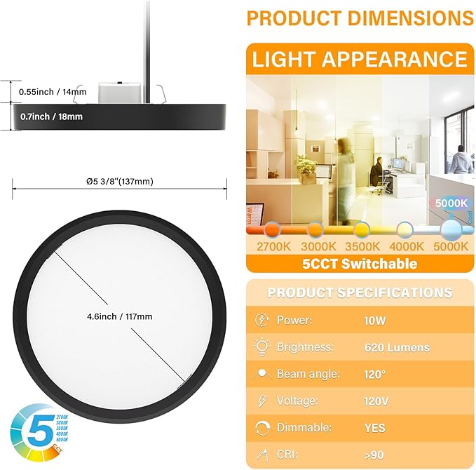 5 Inch Black Flush Mount Ceiling Light 5CCT Selectable LED Edgelit Slim Surface Mount Downlight for J-Box, Mini Flat Panel Light, Dimmable, 120VAC, 10W, 600LM, CRI90, ETL, Wet Rated, 4 Packs