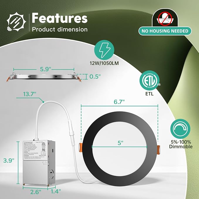 FREELICHT 24 Pack 6 Inch LED Recessed Light with Junction Box, Black, 5CCT | 1050LM, 12W, 2700K-5000K Selectable, 5%-100% Dimmable, 120V, Ultra-Thin Canless Wafer Downlight, ETL, FCC, IC & Damp Rated