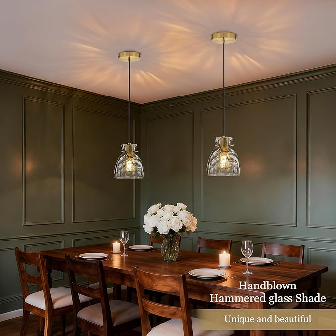 Black Gold Pendant Lights Kitchen Island 2 Pack, Small Brushed Brass Hammered Glass Pendant Light Fixtures, Adjustable Modern Hanging Lights Kitchen Pendant Lighting over Sink Bathroom Dining Room