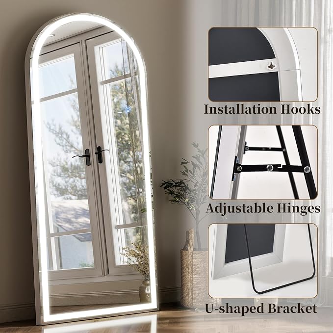 Arched LED Full Length Mirror - 65"x26" Full Body Standing Mirrors | Floor Mirror with Light, Shatterproof Tempered Glass-Dimmable & 3 Color Lighting/Wall Mounted Mirror for Bedroom/Cloakroom