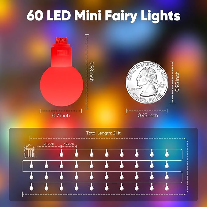 Globe String Lights Battery Operated - 21 Feet 60 Led Twinkle Fairy Lights, 8 Modes with Remote Mini Globe Lights for Indoor Outdoor Bedroom Party Wedding Garden Christmas Tree Decor, Multicolor