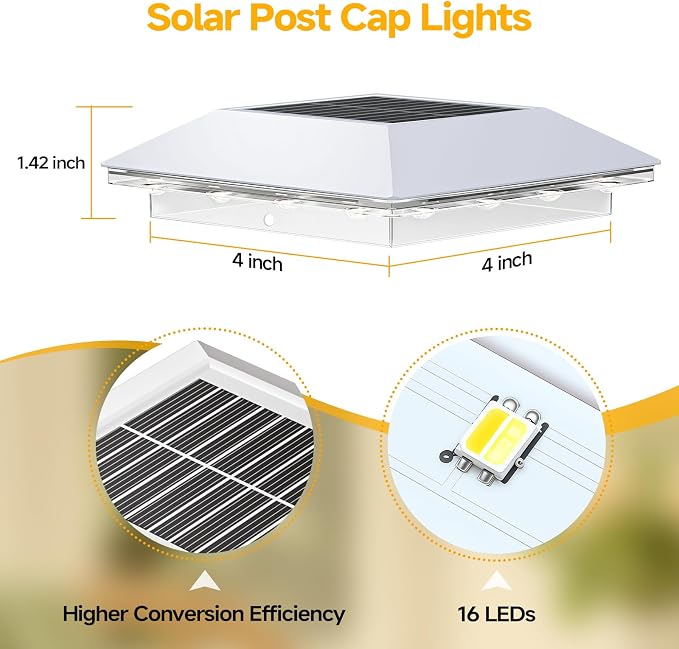 4 Pack 4x4 Solar Post Light, 3 Modes Wooden Vinyl Fence Cap, White | 3 color temperatures, Waterproof LED Solar Post Lights, Patio Porch Decor, Only Fit Two True Size Post: 3.5''x3.5'', 4''x4''
