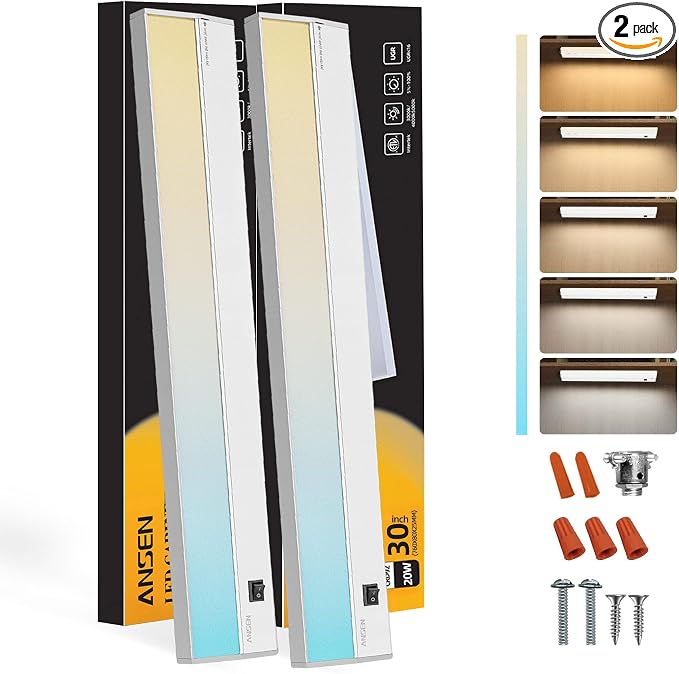 2Packs of Under Cabinet Lighting Hardwired, 30in 20W 1150LM Dimmable Led Light for Kitchen/Closet, CRI 92+, R9 90+, 5 Color Temperature, 2700K-5000K(Warm White, Cool White, Daylight)