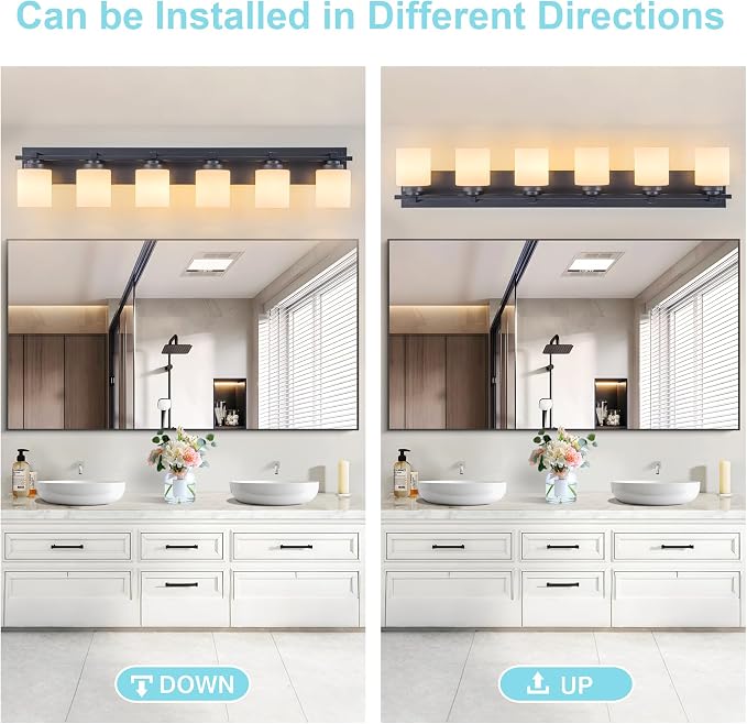 Modern Bathroom Light Fixtures Over Mirror, Vanity Lights for Bathroom Wall Sconces with Milky White Glass Shades, E26 Socket (Bulbs Not Included), 6 Light, Black