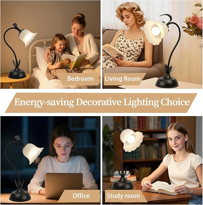 Vintage Flower Table Lamp, 3 Color Temperature Flexible Gooseneck Cute Small Desk Lamp for Bedroom, Kawaii Nightstand Bedside Lamps for Living Room, Dorm, Office, Home Decor (Black)