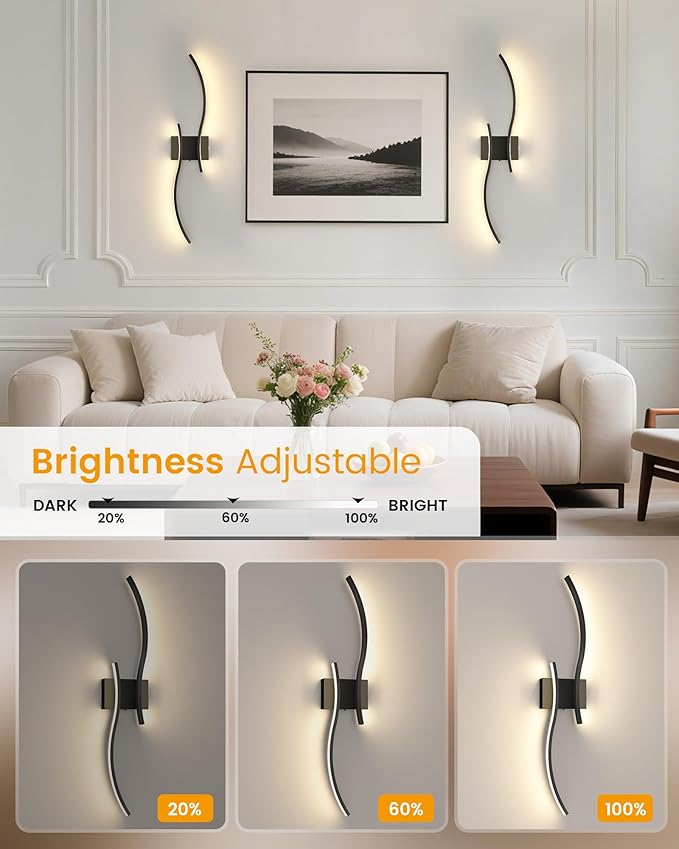 NIORSUN 27.6 Inch Battery Operated Wall Sconce Set of 2, Black Modern Rechargeable Wall Lights with Remote, 3CCT Dimmable Wireless Wall Lamp for Living Room Bedroom Hallway