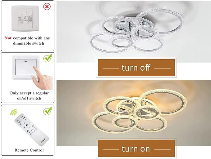 Garwarm Modern LED Flush Mount Ceiling Light with Remote, 6 Ring Chrome | 76W Dimmable LED Ceiling Fixture,3000K-6000K Adjustable Lighting for Low Ceiling Living Room, Dining Room ,Kitchen,Bedroom
