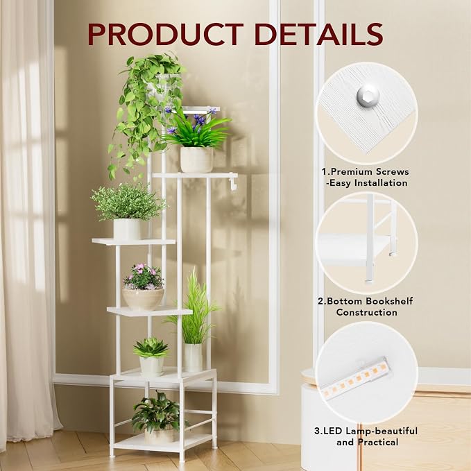 Plant Stand Indoor with Grow Light - 6-Tier Metal Plant Shelf with Hanging Basket Hook, Corner Tall Flower Holder for Multiple Plants, Living Room Balcony Garden Patio, White