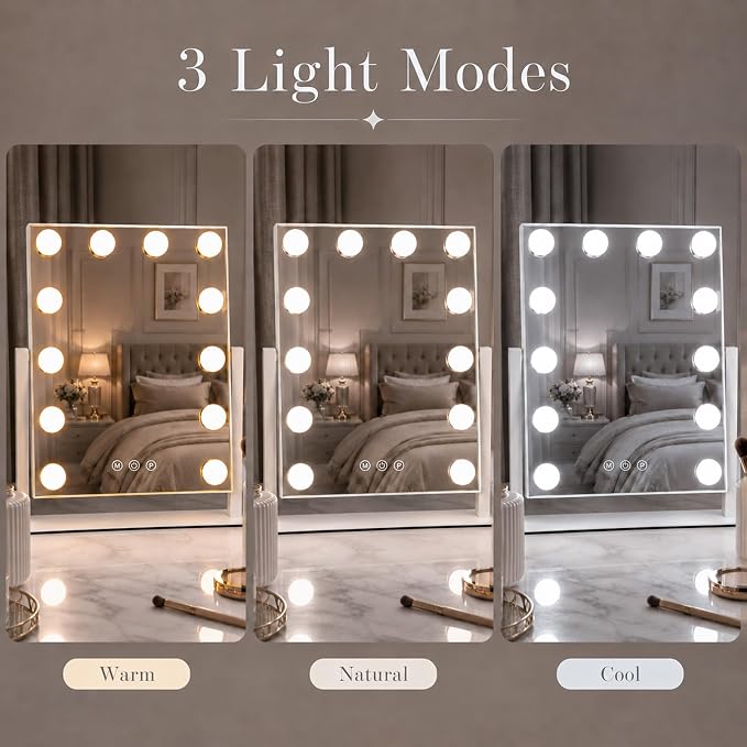 Vanity Mirror with Lights, Dimmable Desk Mirror, 12 Bulbs, 16.4'' x 13.1'' | 3 colors Lighted Makeup Mirror, Touch Control, Detachable 10X Magnification, 360 Rotation, Gift for Wife, Mom, Girls
