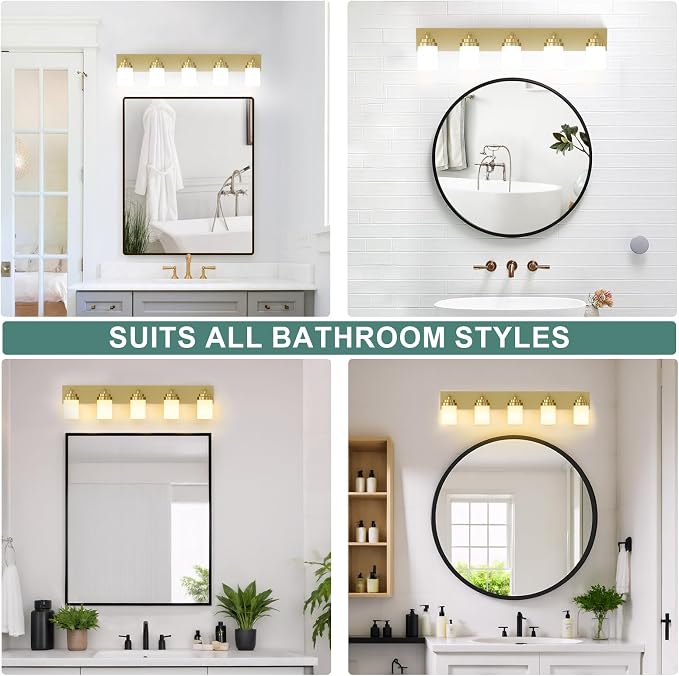 IZORRO Bathroom Vanity Light Fixture, 5-Light 36 Inch Gold Bathroom Light Fixtures Over Mirror, with White Glass Shade, Modern Farmhouse Vanity Lights, Rustic Restroom Lighting Fixtures