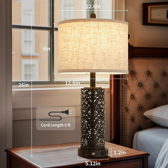 SAIWEYA 26" Set of 2 Farmhouse Table Lamp for Bedroom, Dimmable Touch | 3 Way Dimmable, 2 USB Ports + AC Outlet Bedside Lamp for Nightstand, LED Bulb Included, Fabric Shade, Flower Metal Body