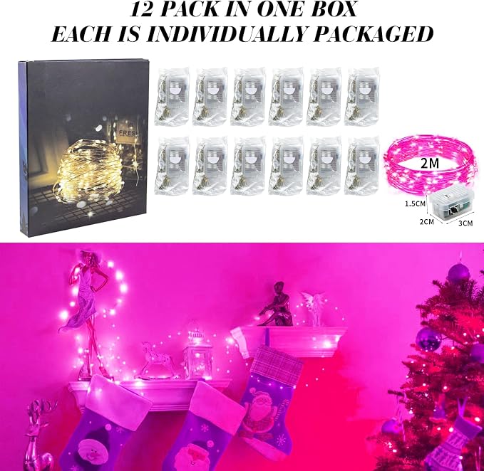 ZGWJ 12 Pack Pink Fairy Lights, Mini String Lights | Battery Operated 7 FT 20 LED Waterproof 3 Modes for DIY, Parties, Wedding, Halloween, Christmas Decoration