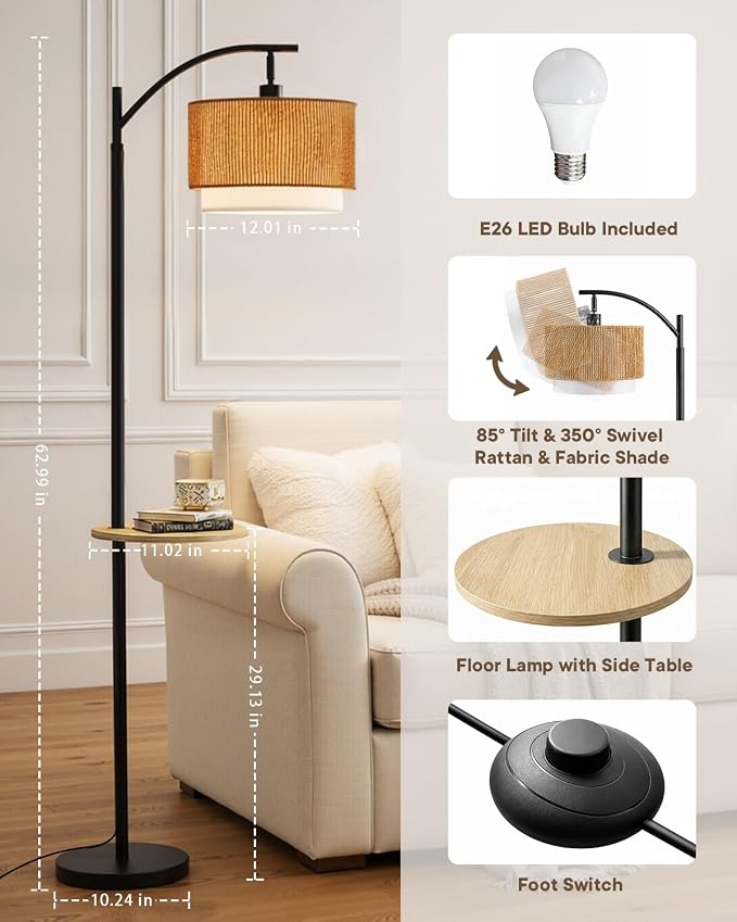 PESRAE Rattan Floor Lamp for Living Room with Side Table, Farmhouse Arc Floor Lamp with 3 Color Temperatures and Rattan & Fabric Lamp Shades, Boho Standing Lamp for Living Room, Bedroom Corner