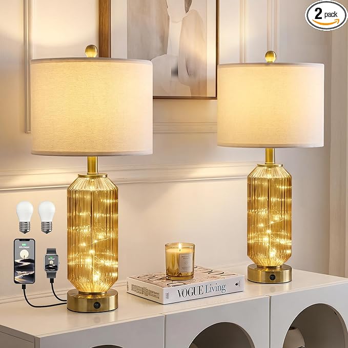 24.5" Bedside Table Lamps Set of 2, Amber Glass Nightstand Lamps with USB A+C Charging Ports and Night Light, Gold Modern Lamps for Bedroom, Living Room, End Table (2 Bulbs Included)
