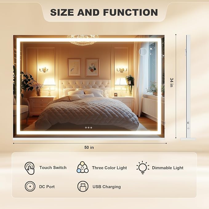 Hasipu Vanity Mirror with Lights, 50" x 34.6" LED Makeup Mirror, Lighted Makeup Mirror with Dimmable 3 Modes