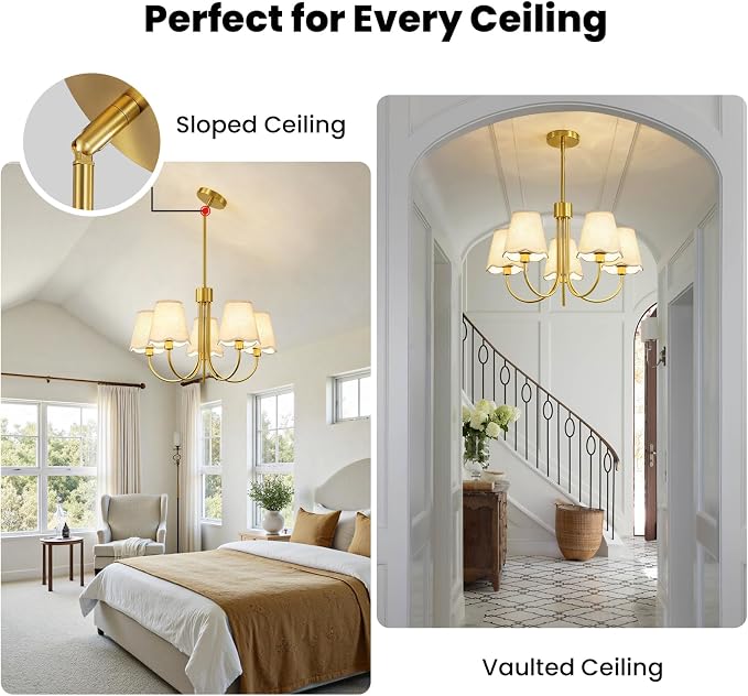 RUIYEY Modern Dining Room Chandelier - 20" 5-Light Gold Chandeliers Light Fixture with Fabric Shades, Height Adjustable Mid-Century Pendant Lighting Over Table for Bedroom Living Room Kitchen Island