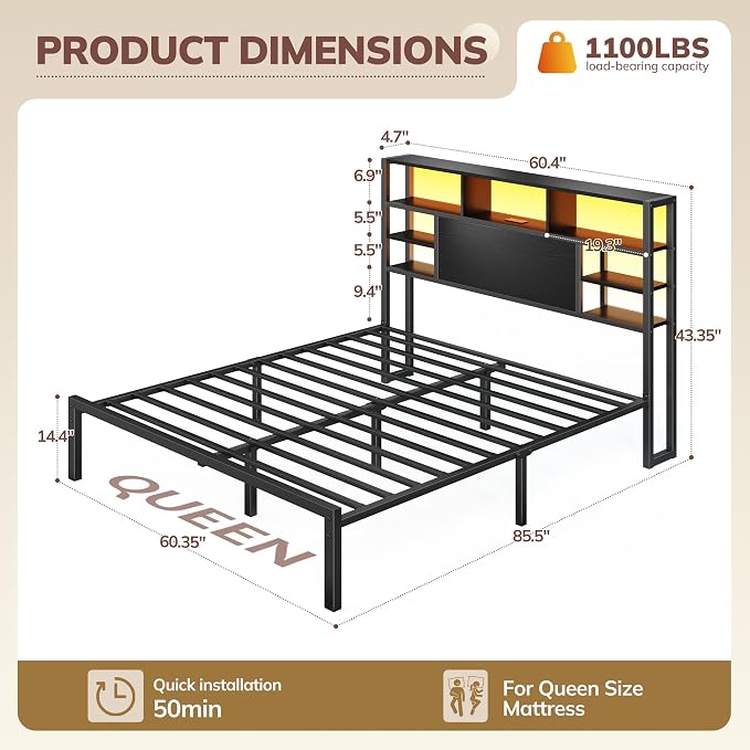 Homkdom Queen Bed Frame with Storage Headboard and Charging Station,Black | LED Lights，12.2" Under-Bed Storage，Supports up to 1100 LBS，No Box Spring Needed，Noise-Free,Easy Assembly