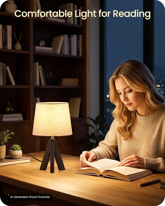 Small Table Lamp for Bedroom, 14.6" Bedside Lamp with Beige Linen Shade & Walnut Wood Tripod Base, Modern Nightstand Lamp for Living Room, Nursery, Entryway, E26 Socket, VE51TL05