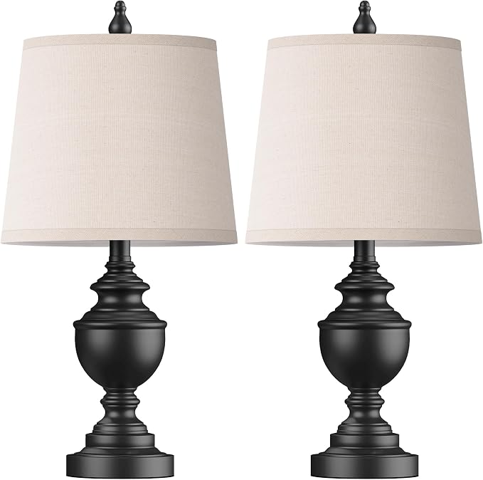 Retro Table Lamps Set of 2, Bedside Lamp for Bedroom Rustic Farmhouse Table Lamps for Living Room, Vintage Nightstand Lamps with White Shades, Matte Black