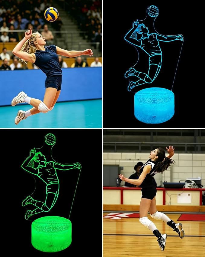 Volleyball 3D Illusion Night Light for Girls, Volley Player Lamp | 16 Colors Changing, Dimmable, Touch & Remote Control, Room Bedroom Décor, Birthday Christmas Teen Kid Women Sport Fan Gift