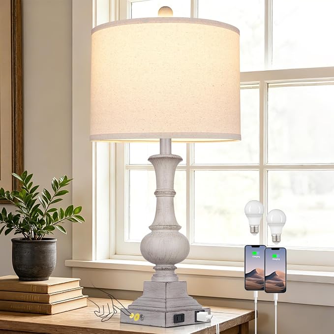 26" Tall Farmhouse Table Lamp for Bedroom, Vintage Touch Control Bedside Lamp for Living Room with USB A/C Charging Ports & AC Outlets,Rustic 3-Way Dimmable Nightstand Lamp for Side Table Antique Gray
