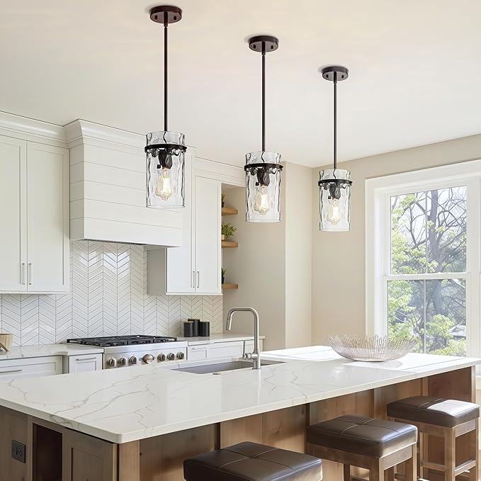 Farmhouse Hammered Glass Pendant Light, 5.5" Black Pendant Light, Modern Pendant Light Fixtures Island Lights for Kitchen Dining Room Light for Farmhouse Pendant Lighting 1 Pack