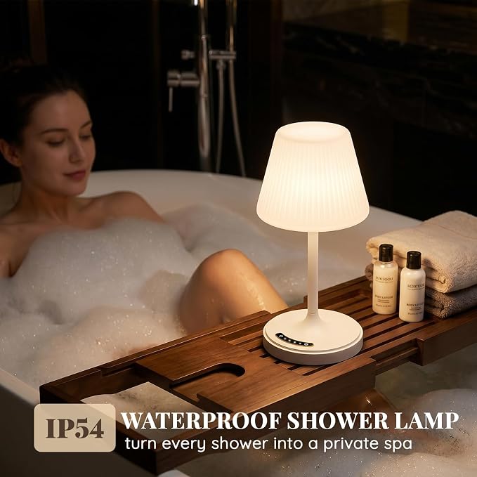 Waterproof Shower Lamp Outdoor Cordless Table Lamp, 3 Color Dimmable -White | touch dimmable, weighted base, bathroom shower light, patio dinner, RV camping, charge your phones, memory night light
