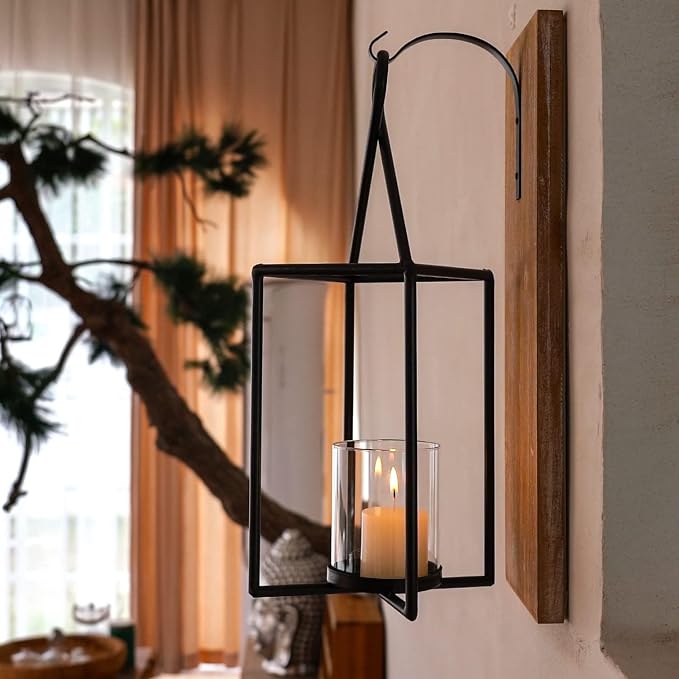 Homemory Wall Candle Sconces Set of 2, Rustic Wood Holders with Glass Decor | Wood and Glass Design Adds Rustic Farmhouse Style for Living Rooms, Bedrooms, Fireplaces and Wall Decor