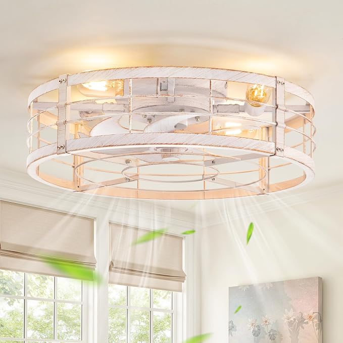 LEDIARY 20" White Gold Caged Low Profile Ceiling Fan with Light and Remote | Flush Mount, Bladeless Enclosed Fandelier, 6 Speed, Quiet Powerful DC, Rustic,Farmhouse, Small, Bedroom, Kitchen, Indoor