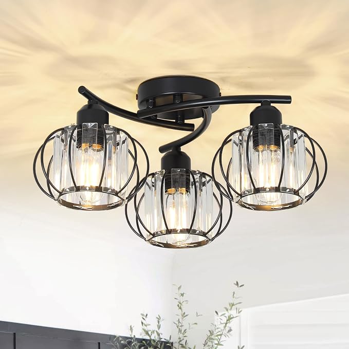 PAUFUL 3-Light Crystal Semi Flush Mount Ceiling Light,Black Modern Close to Ceiling Light Fixtures,Kitchen Light Fixtures with Clear Crystal Shade,Hallway Light Fixtures for Hallway Bedroom Bathroom