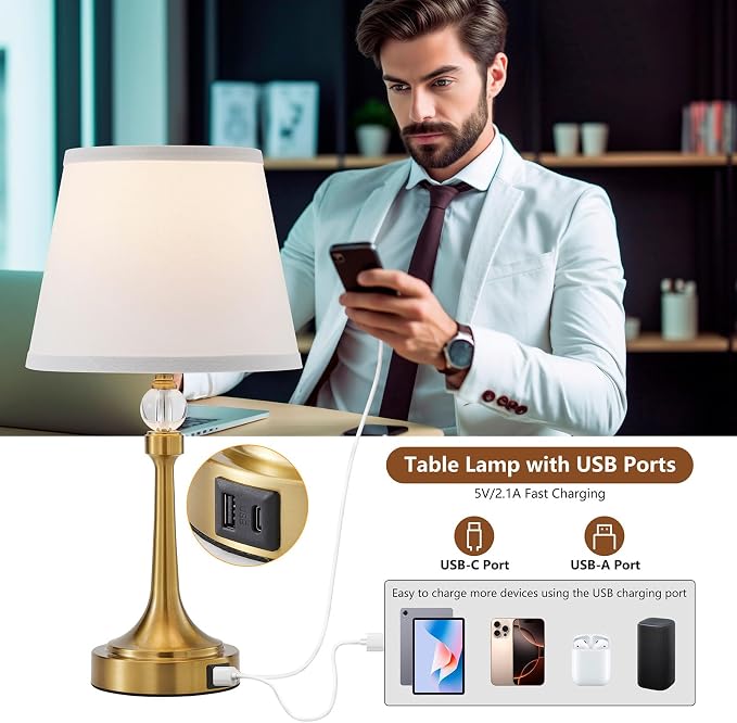 Touch Table Lamp Set of 2 with USB C+A Ports-Gold 19.7'' | 3 Way Dimmable Table Lamps for Living Room, Metal Small Lamp for Bedroom, Office, End Table, Home Decor, Bulbs Included