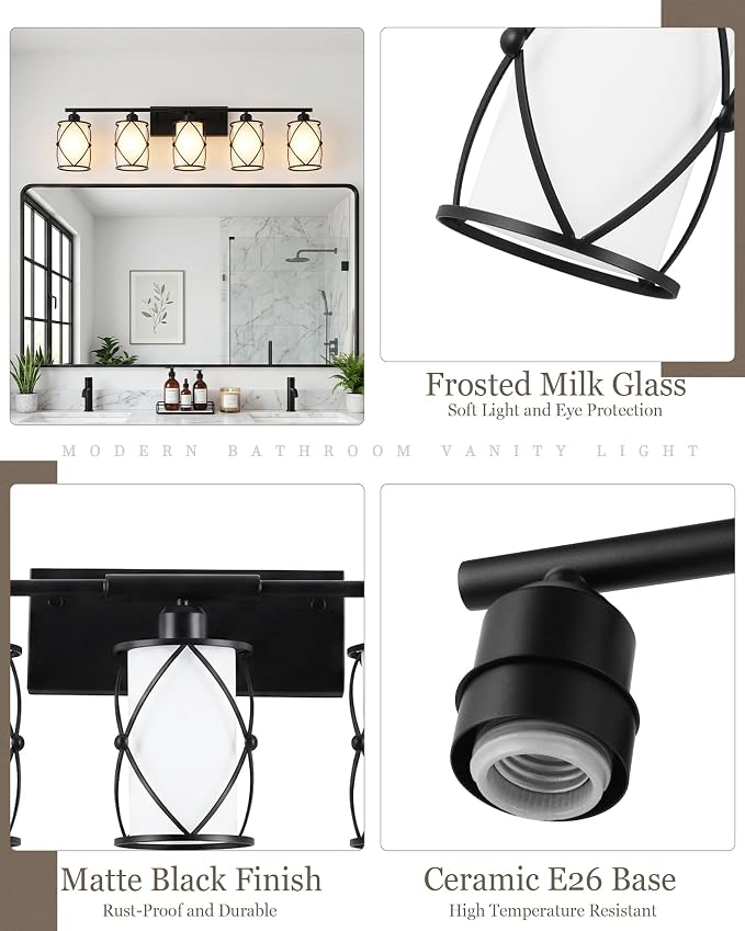 5-Light Matte Black Bathroom Light Fixtures Over Mirror, 38" UL-Listed Modern Farmhouse Wall Sconce Lights with Milk White Frosted Glass and Metal Cage for Bath, E26, CH9176BKW-5W