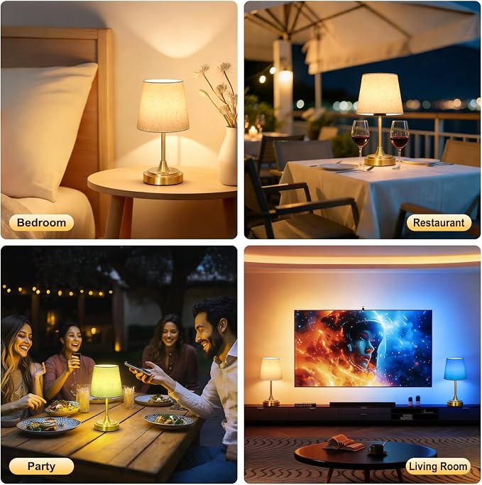 Wowag Small Cordless Table Lamp Rechargeable,5000mAh Battery Operated Desk Lamp,3 Colors & 7 RGB Stepless Dimmable,Touch Ambient Light for Bedside,Bedroom,Dining Room,Living Room,Gold,FlaxenShade