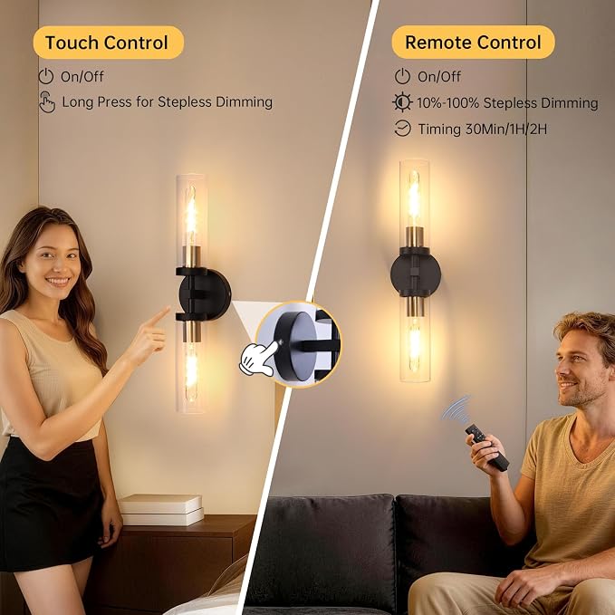 Shenmoyl Battery Operated Wall Sconces Set of Two,21" Black & Gold Rechargeable Wall Lighting Fixtures, Dimmable Wall Lights with Remote & Clear Glass Shade for Living Room,Bathroom,Bedroom