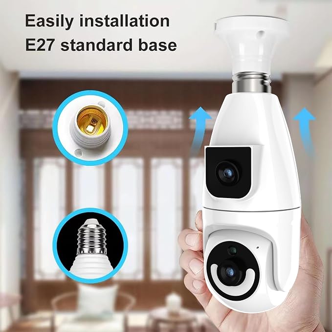 Ameyes Light Bulb Indoor Camera Wireless with Dual-Lens, 1080P Dog/Pet Cameras for Home Security, 2.4&5GHz WiFi Camera with Phone App, Color Night, Motion Detection, Compatible with Alexa